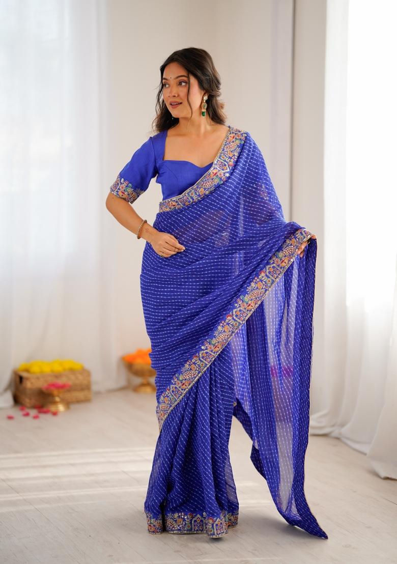 Royal Blue Embroidered Silk Saree Set - Indya
