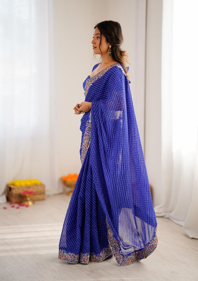 Royal Blue Embroidered Silk Saree Set - Indya