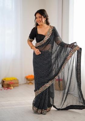 Black Embroidered Silk Saree Set