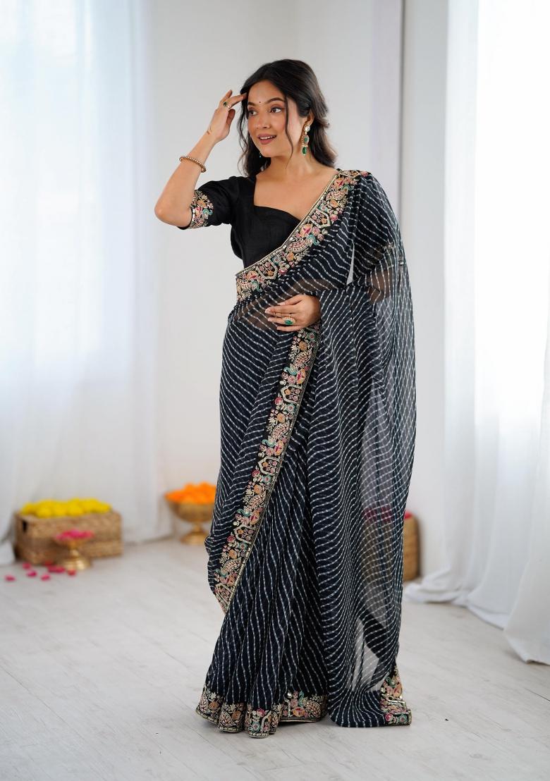 Black Embroidered Silk Saree Set - Indya