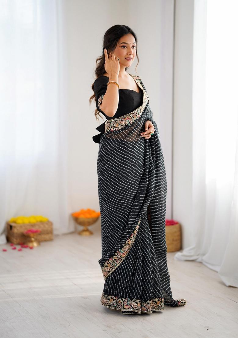 Black Embroidered Silk Saree Set - Indya