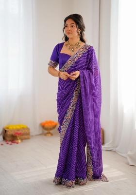 Purple Embroidered Silk Saree Set