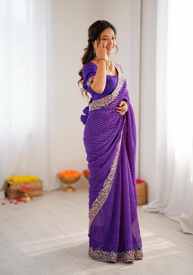 Purple Embroidered Silk Saree Set - Indya