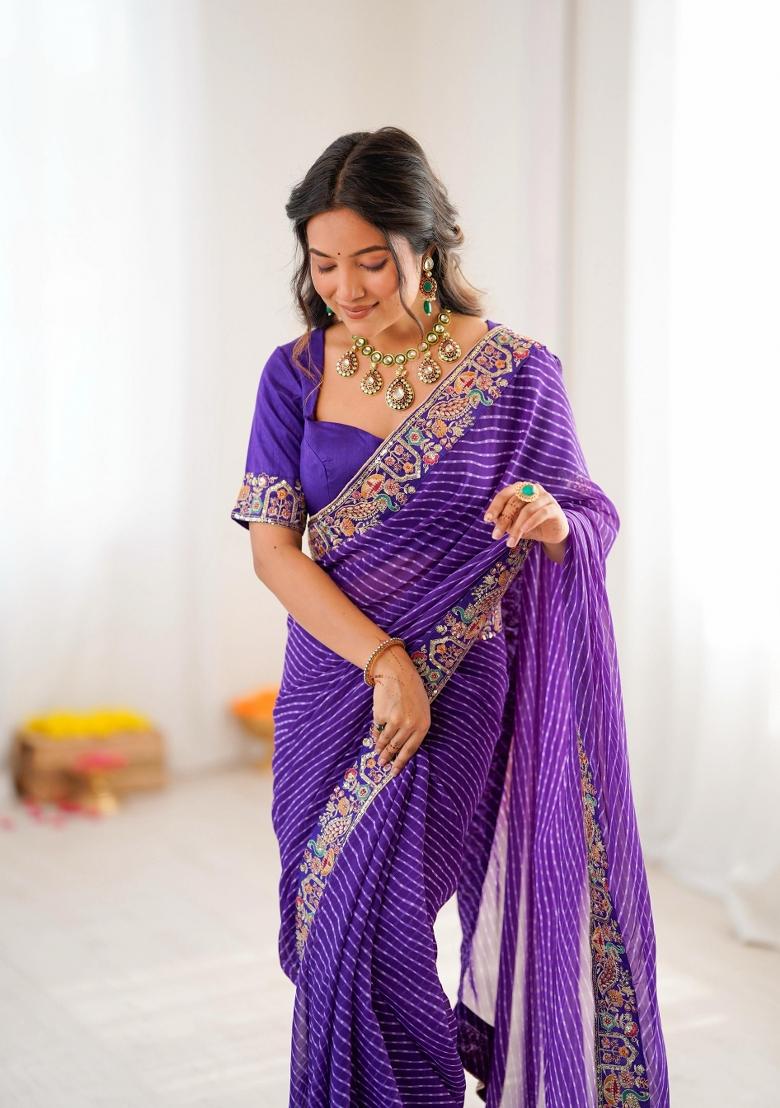 Purple Embroidered Silk Saree Set - Indya