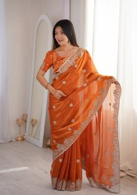 Orange Embroidered Tissue Saree Set