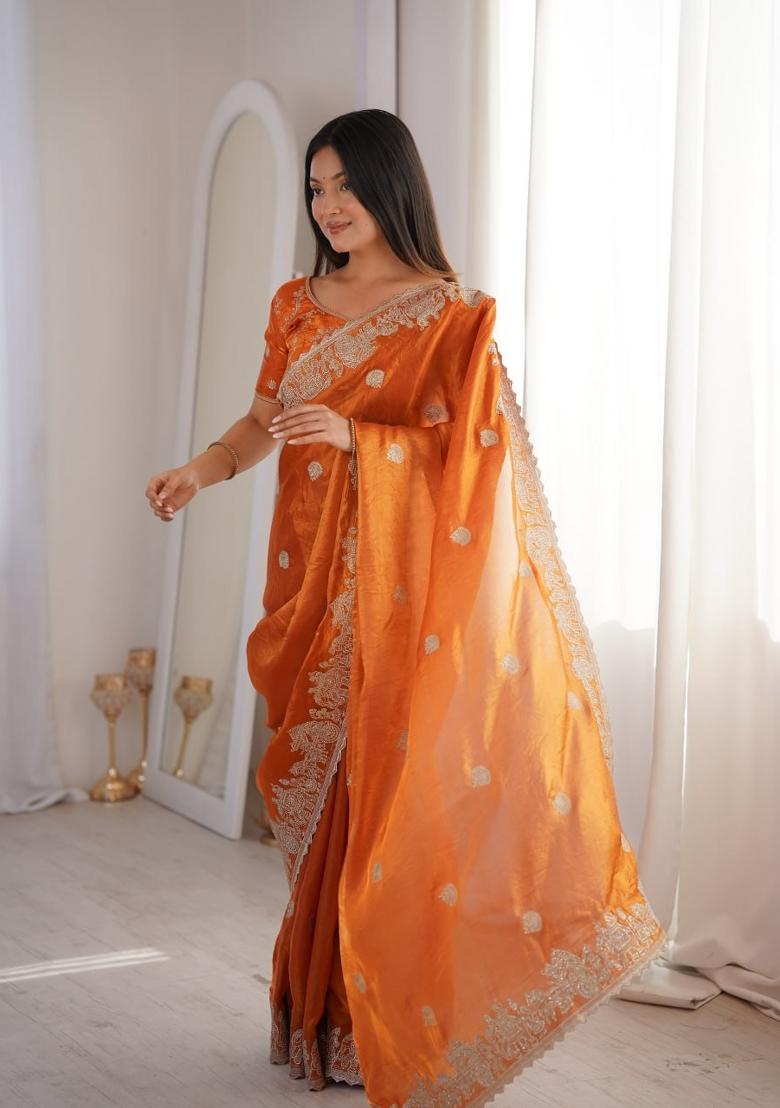 Orange Embroidered Tissue Saree Set - Indya