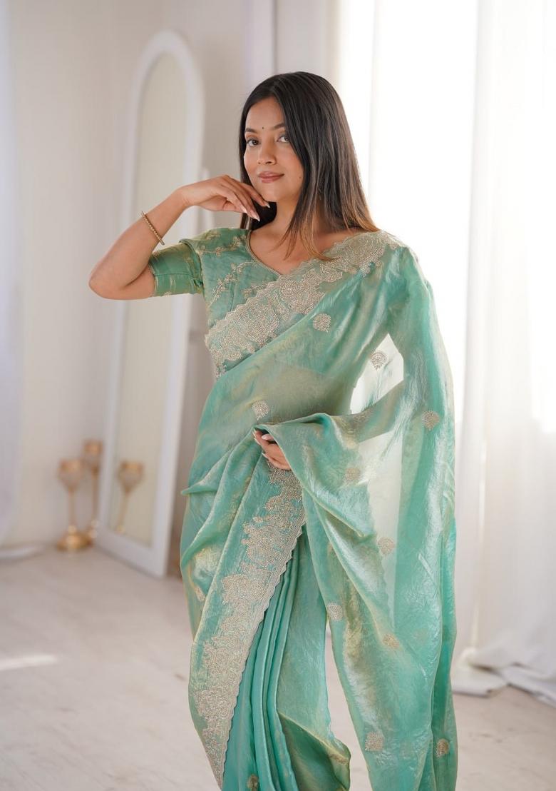 Sea Green Embroidered Tissue Saree Set - Indya