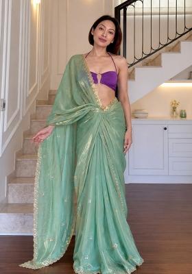 Sea Green Embroidered Silk Saree Set