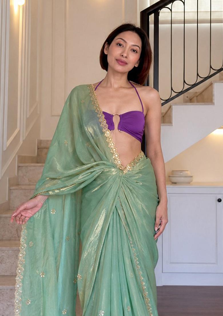 Sea Green Embroidered Silk Saree Set - Indya