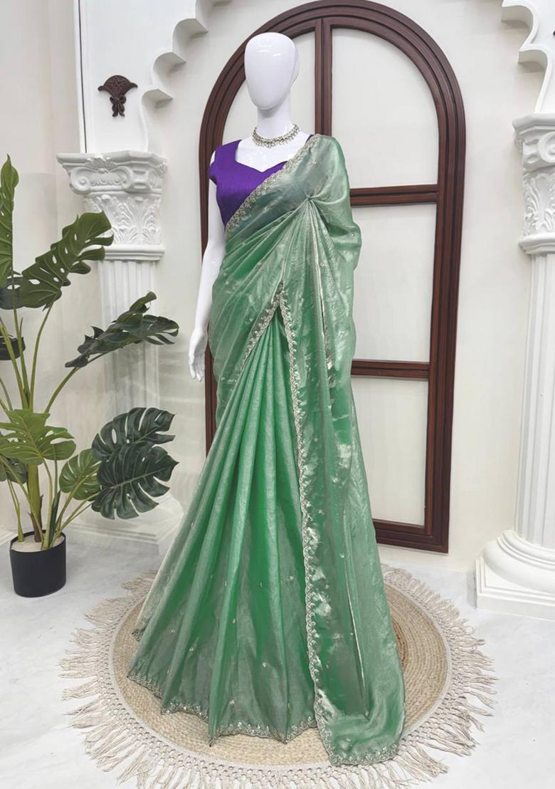 Sea Green Embroidered Silk Saree Set - Indya