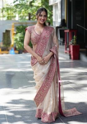Off White Embroidered Silk Saree Set