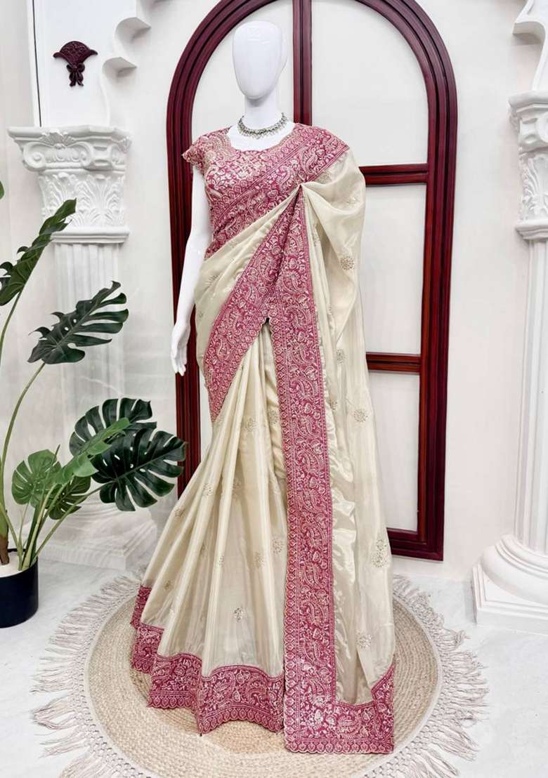 Off White Silk Saree Set with Embroidered for Diwali | Wedding & Festive Wear - Indya