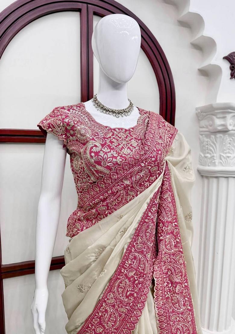 Off White Embroidered Silk Saree Set - Indya