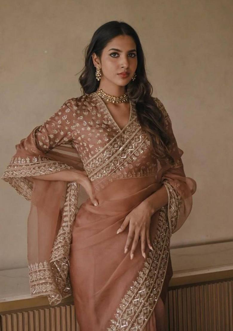 Rose Embroidered Silk Saree Set - Indya