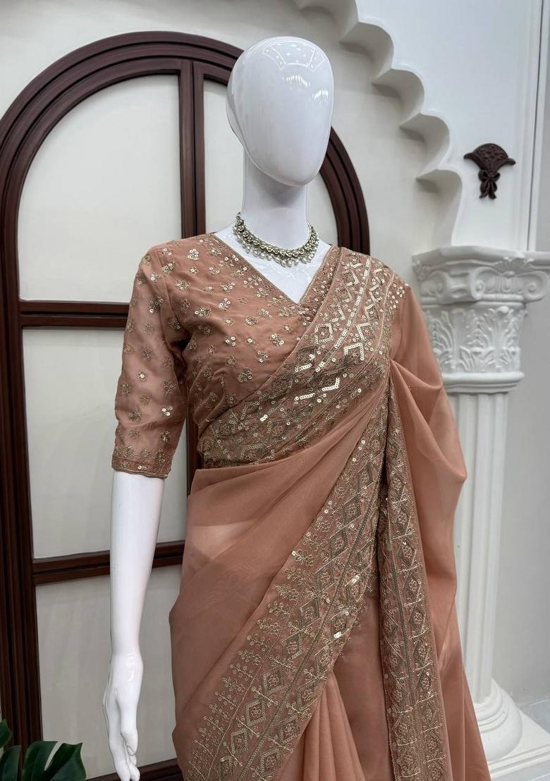 Rose Embroidered Silk Saree Set - Indya