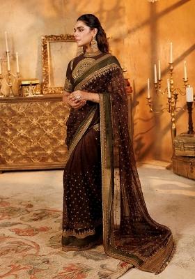 Wine Embroidered Silk Saree Set
