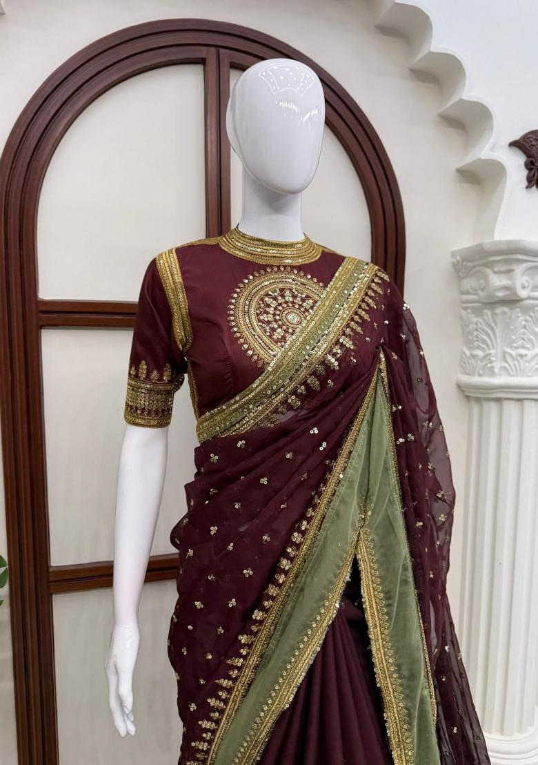 Wine Embroidered Silk Saree Set - Indya