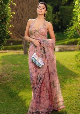 Pink Mirror Work Silk Saree Set