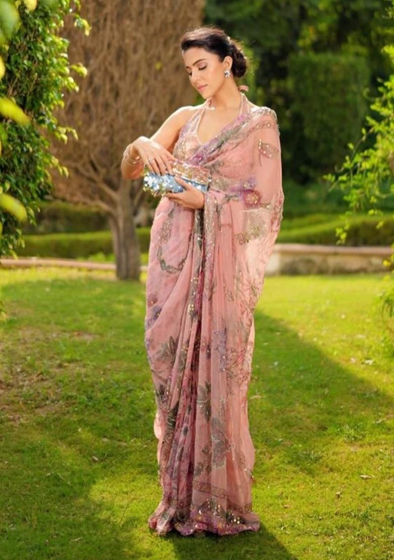 Pink Mirror Work Silk Saree Set - Indya