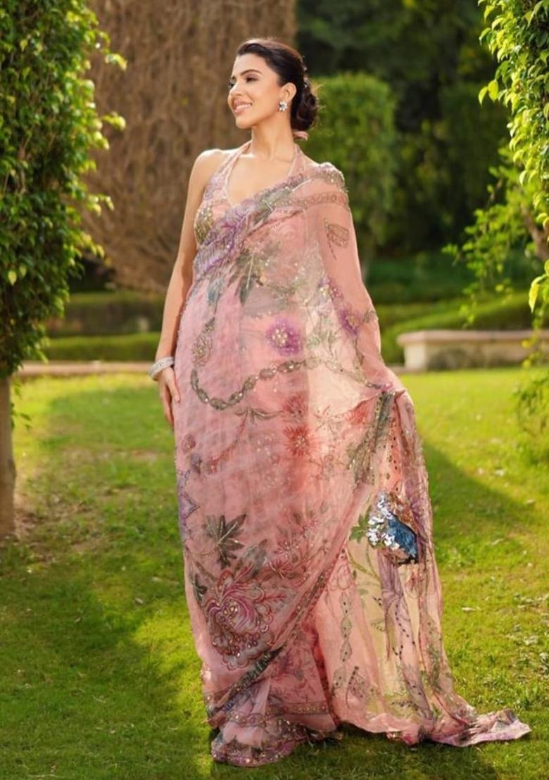 Pink Mirror Work Silk Saree Set - Indya
