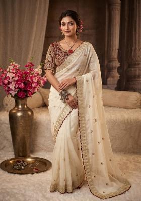 Off White Embroidered Silk Saree Set