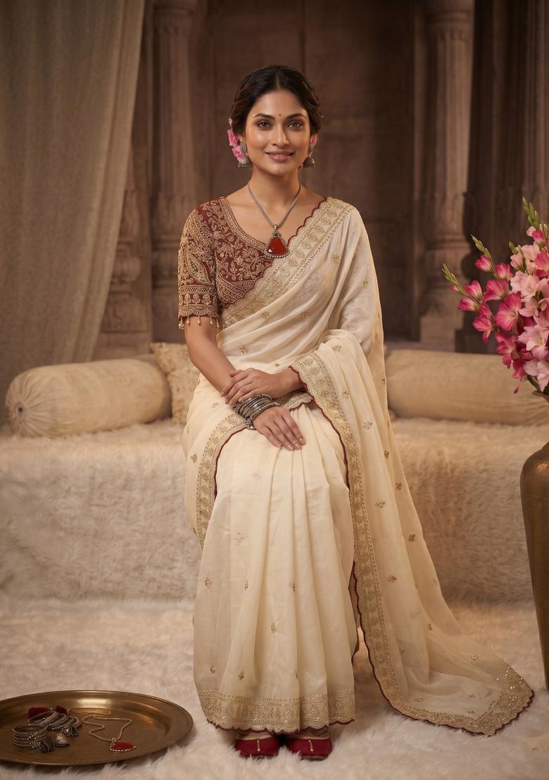 Off White Embroidered Silk Saree Set - Indya