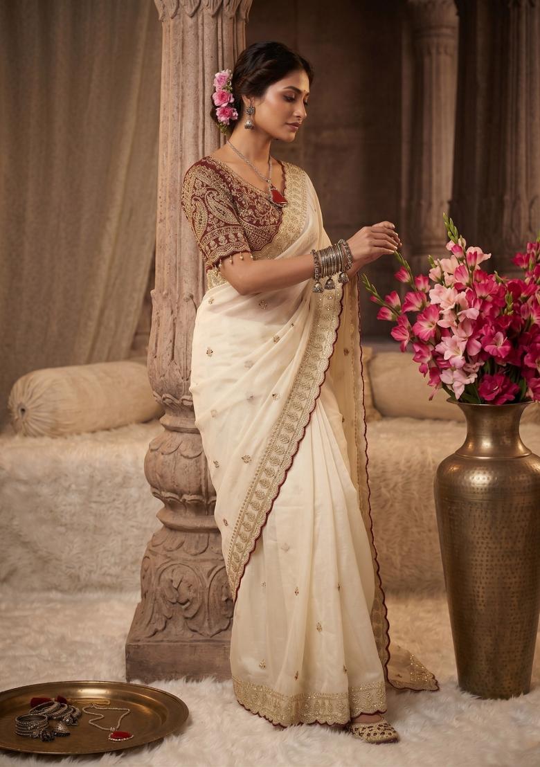 Off White Embroidered Silk Saree Set - Indya