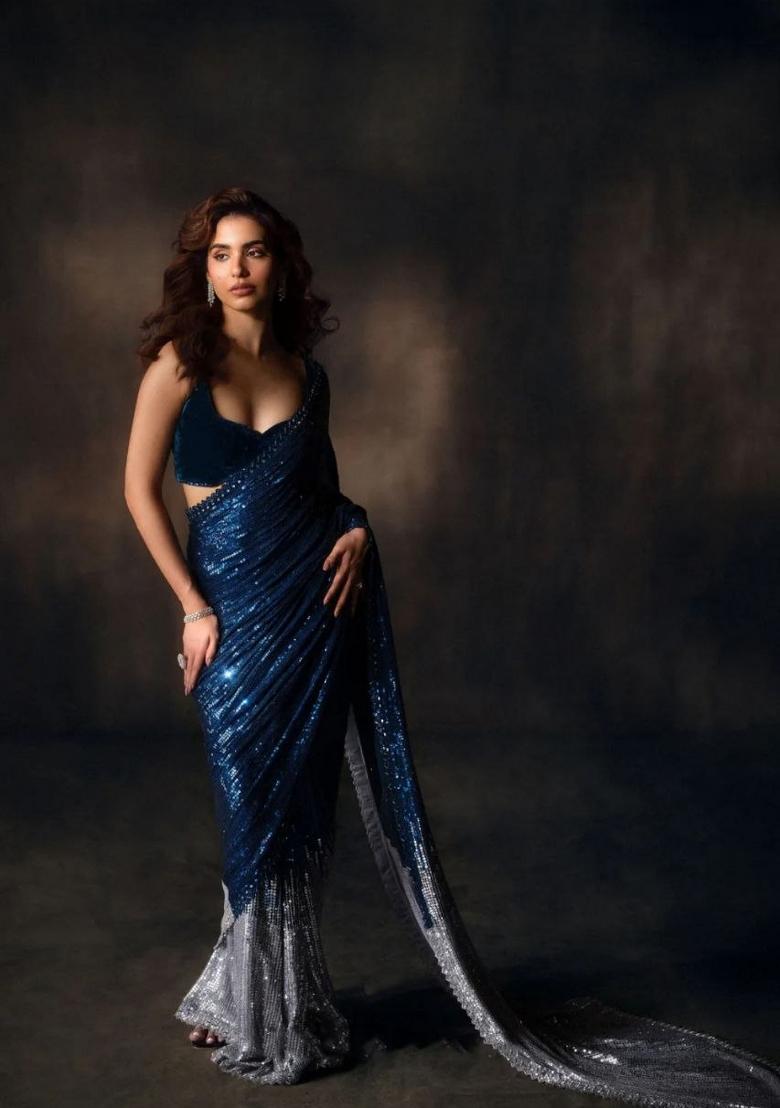 Navy Blue Embroidered Georgette Saree Set - Indya