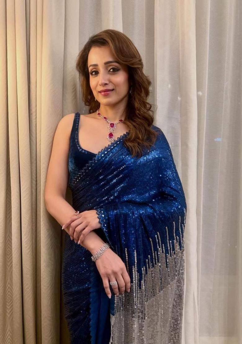 Navy Blue Embroidered Georgette Saree Set - Indya