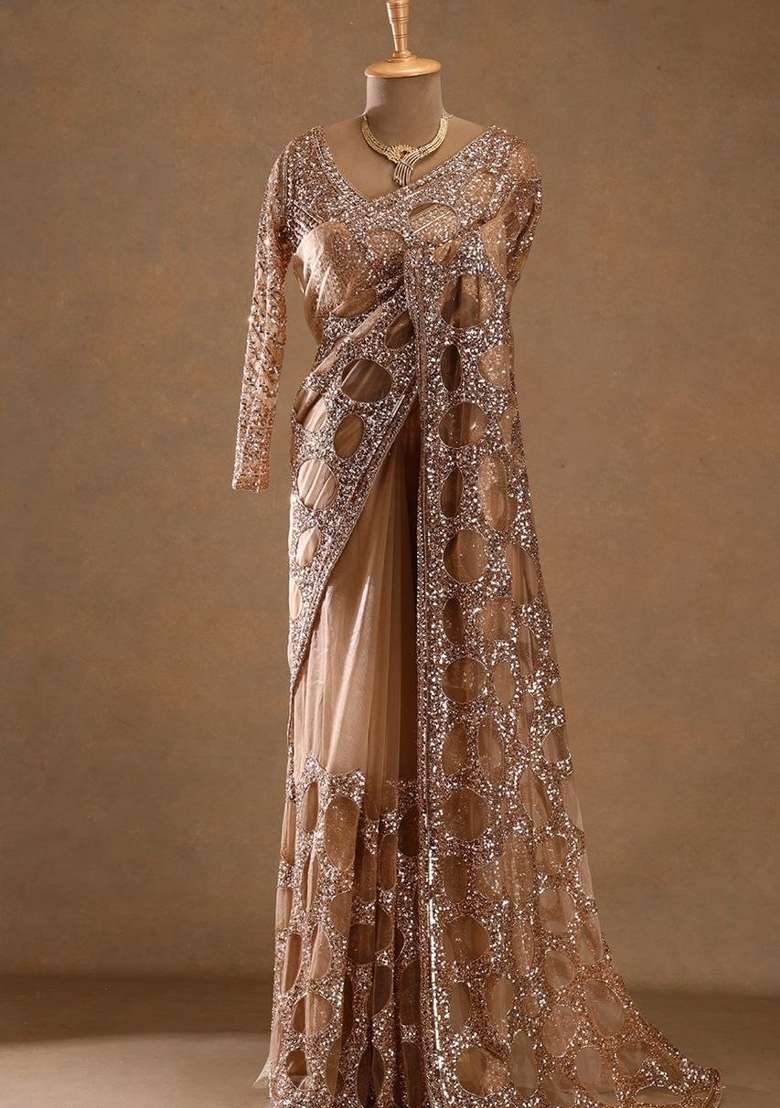 Golden Embroidered Net Saree Set for Diwali and Festive Wear - Indya