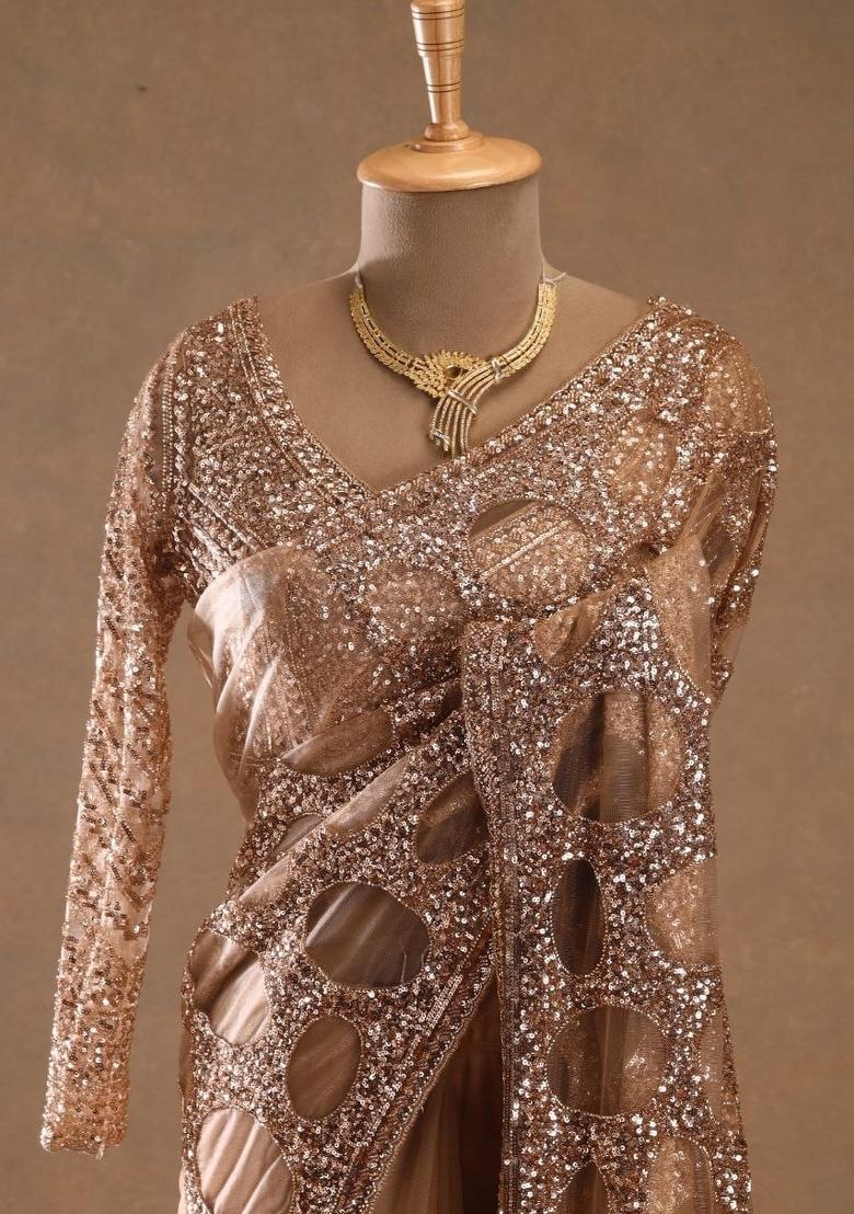 Golden Embroidered Net Saree Set - Indya
