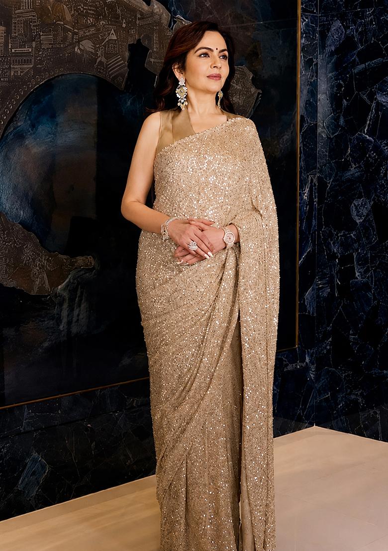 Golden Embroidered Georgette Saree Set - Indya