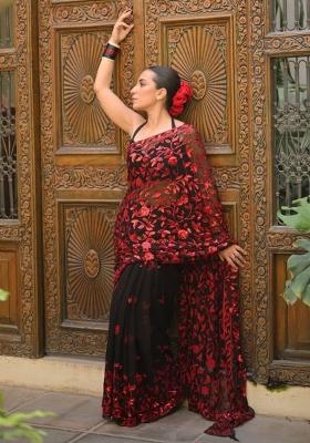 Black Embroidered Silk Saree Set