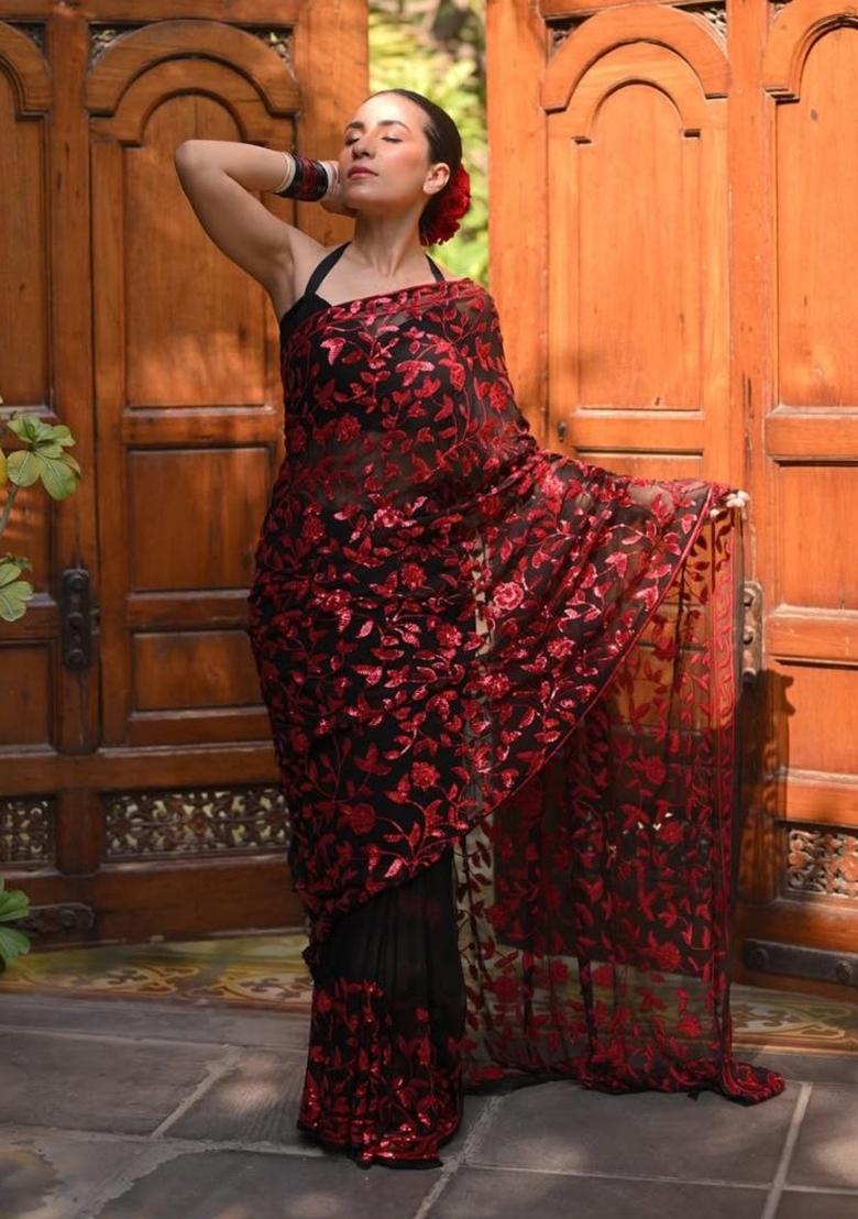 Black Embroidered Silk Saree Set - Indya