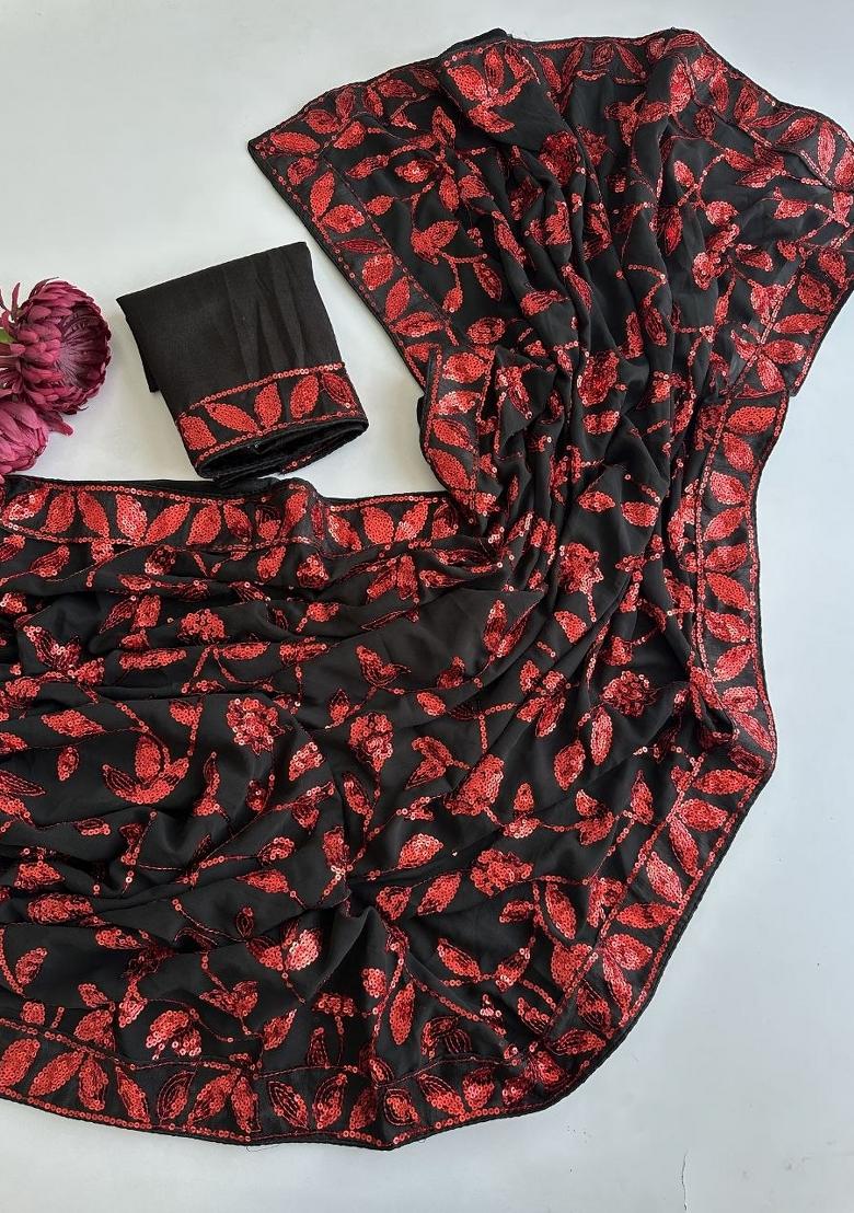 Black Embroidered Silk Saree Set - Indya