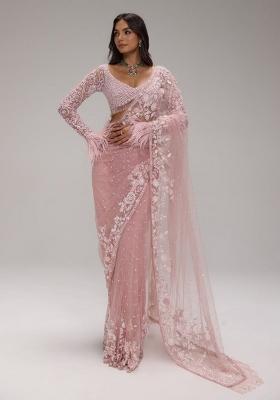 Pink Embroidered Net Saree Set