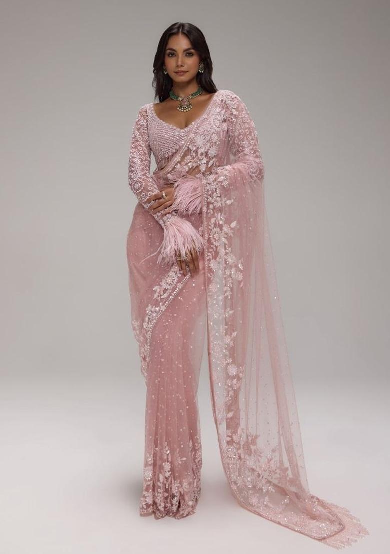 Pink Embroidered Net Saree Set - Indya