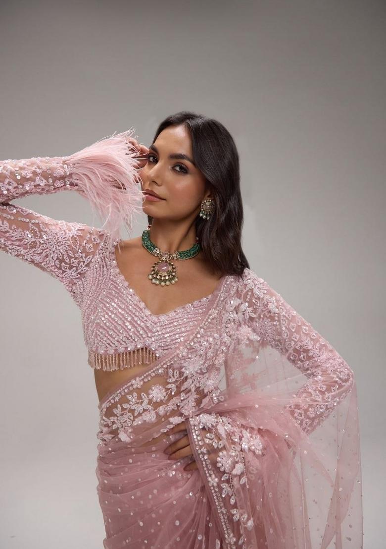 Pink Embroidered Net Saree Set - Indya