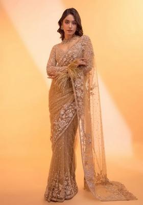 Golden Embroidered Net Saree Set