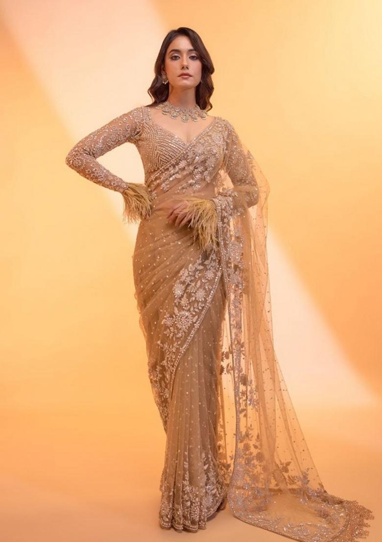 Golden Embroidered Net Saree Set - Indya
