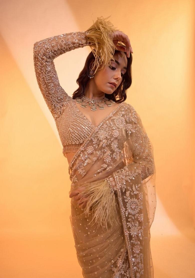 Golden Embroidered Net Saree Set - Indya