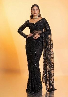 Black Embroidered Net Saree Set