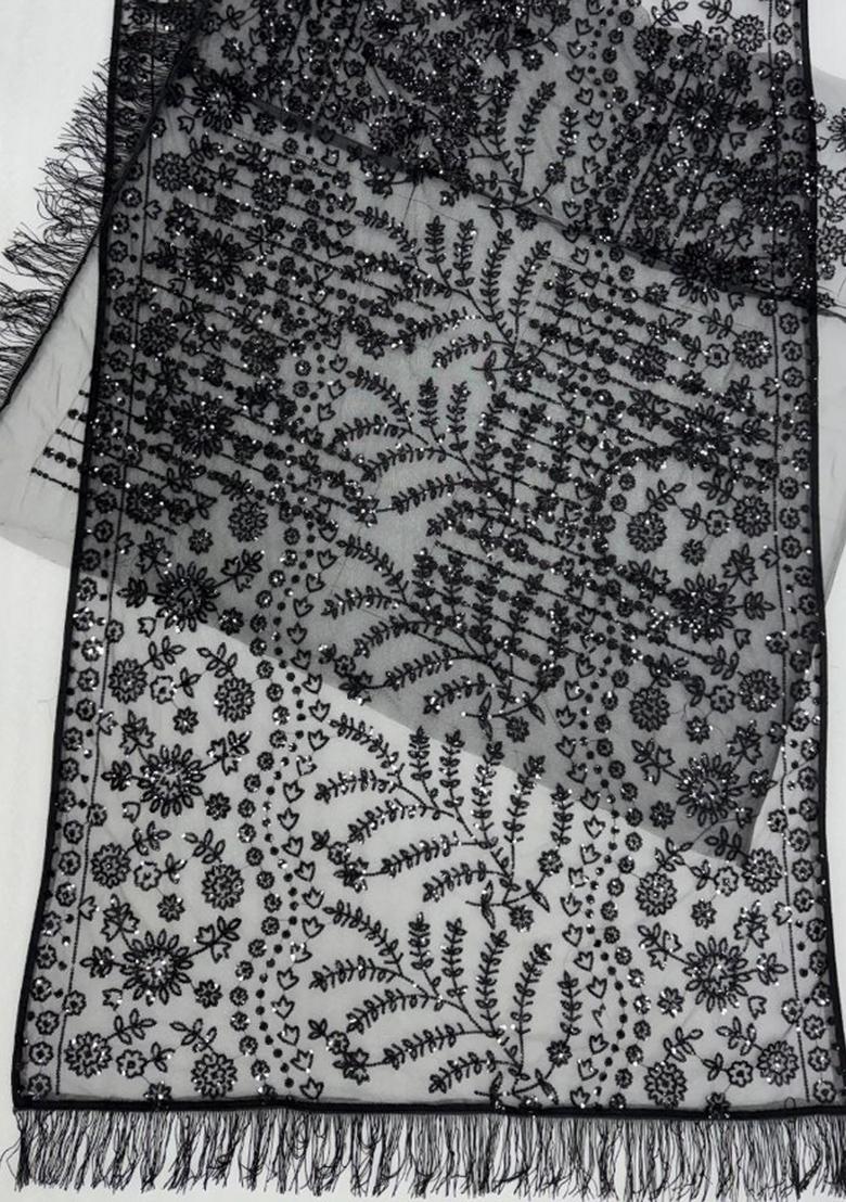 Black Embroidered Net Saree Set - Indya