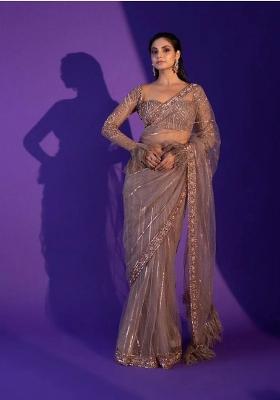 Grey Embroidered Net Saree Set