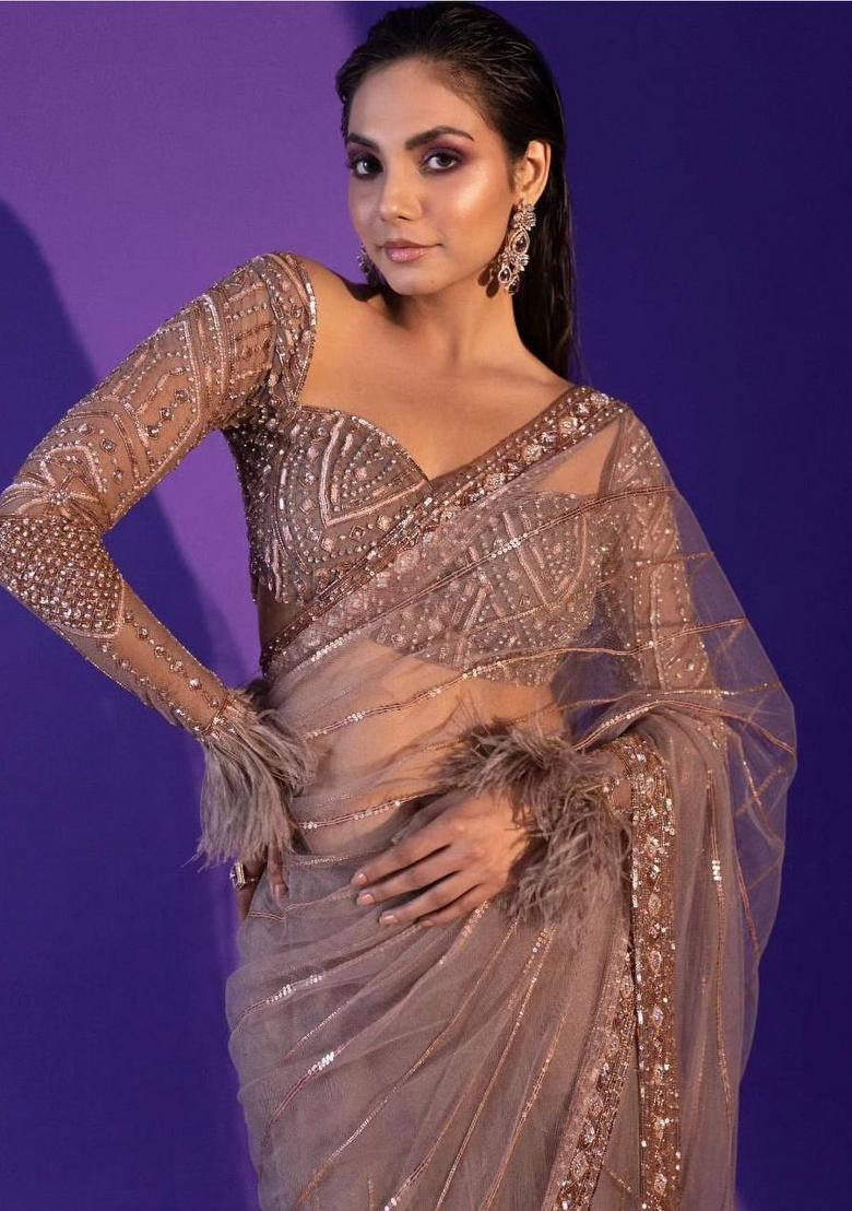 Grey Embroidered Net Saree Set - Indya