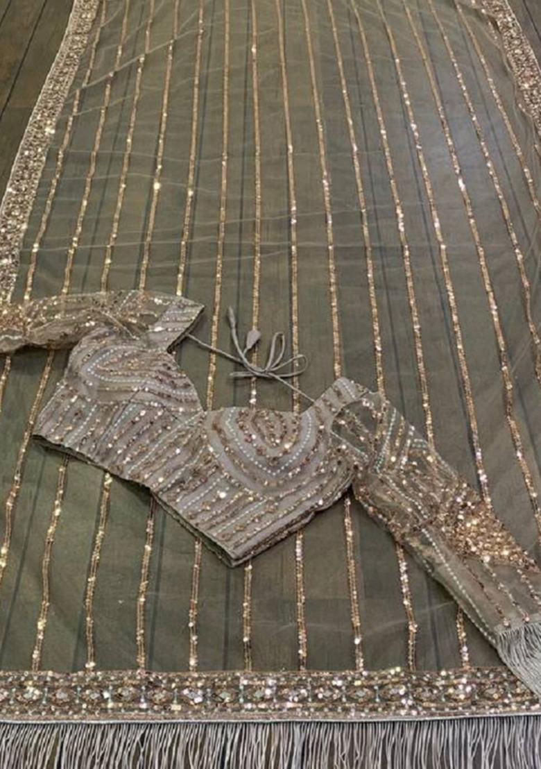 Grey Embroidered Net Saree Set - Indya