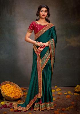 Teal Blue Embroidery Silk Saree Set
