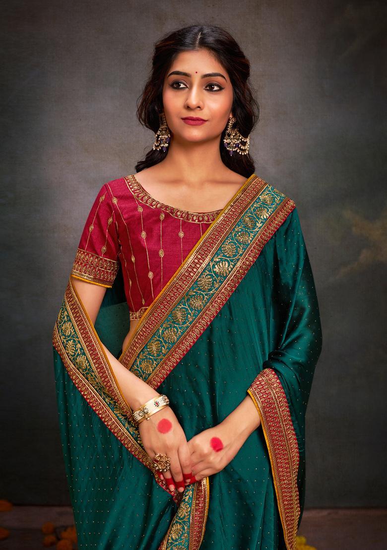Teal Blue Embroidery Silk Saree Set - Indya