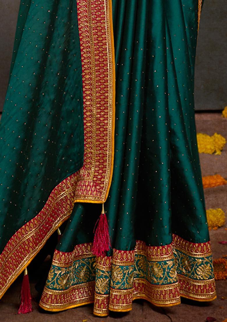 Teal Blue Embroidery Silk Saree Set - Indya