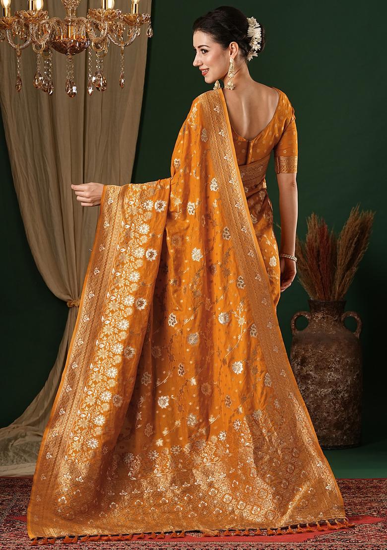 Mustard Woven Design Georgette Saree Set - Indya